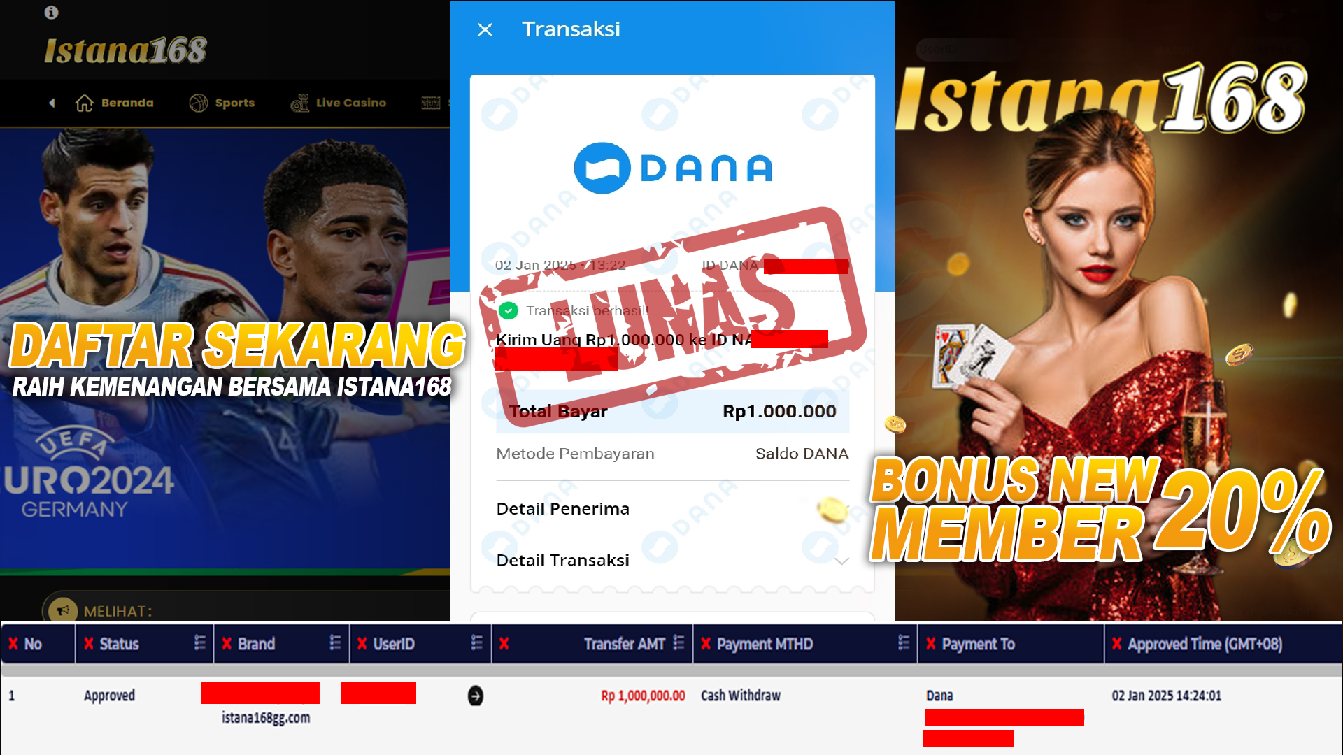 BUKTI KEMENANGAN WD MEMBER ISTANA168 IDR 1.000.000