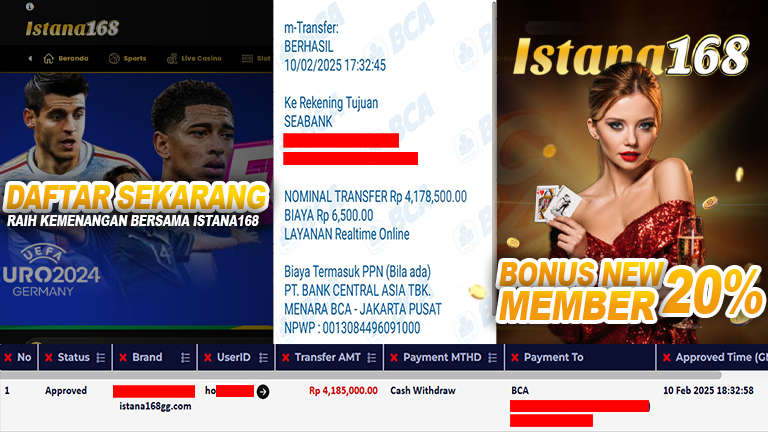 BUKTI KEMENANGAN WD MEMBER ISTANA168 IDR 4.185.000