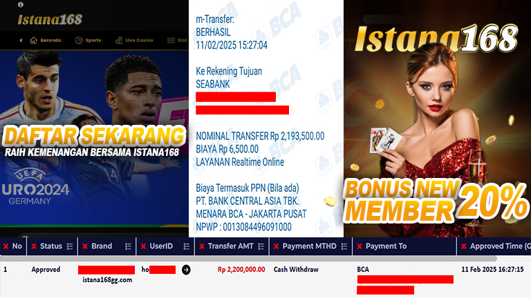 BUKTI KEMENANGAN WD MEMBER ISTANA168 IDR 2.200.000