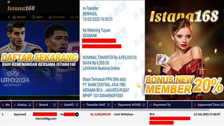 BUKTI KEMENANGAN WD MEMBER ISTANA168 IDR 5.000.000