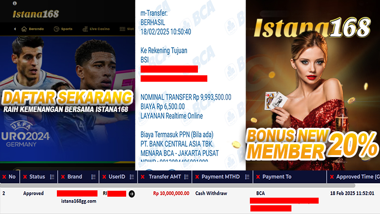 BUKTI KEMENANGAN WD MEMBER ISTANA168 IDR 10.000.000
