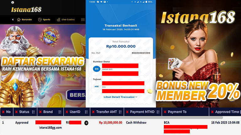 BUKTI KEMENANGAN WD MEMBER ISTANA168 IDR 10.000.000