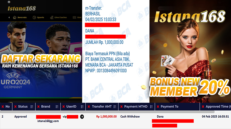 BUKTI KEMENANGAN WD MEMBER ISTANA168 IDR 1.000.000