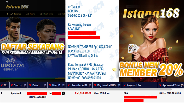 BUKTI KEMENANGAN WD MEMBER ISTANA168 IDR 1.550.000