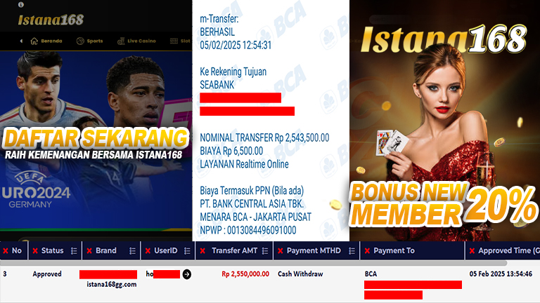 BUKTI KEMENANGAN WD MEMBER ISTANA168 IDR 2.550.000