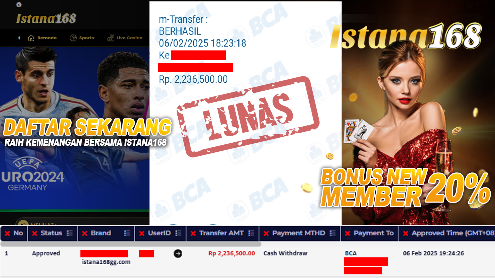 BUKTI KEMENANGAN WD MEMBER ISTANA168 IDR 2.236.500