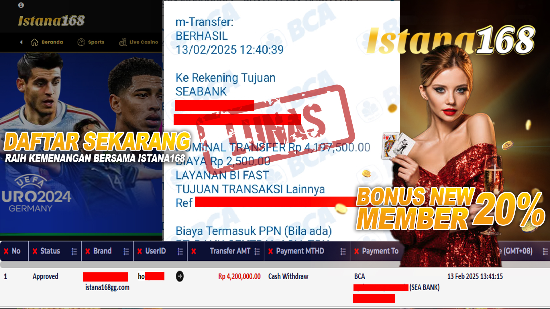 BUKTI KEMENANGAN WD MEMBER ISTANA168 IDR 4.200.000