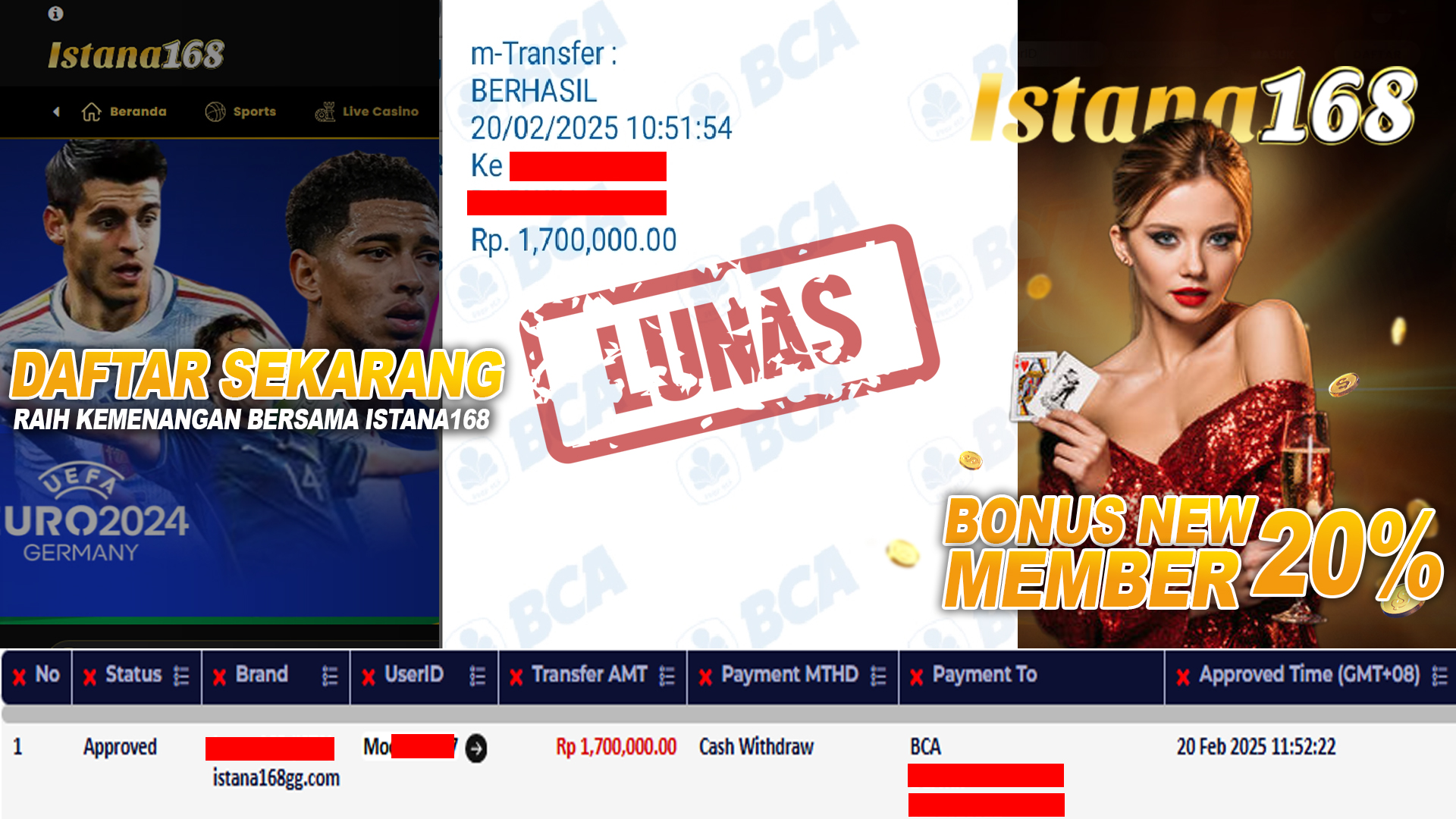 BUKTI KEMENANGAN WD MEMBER ISTANA168 IDR 1.700.000