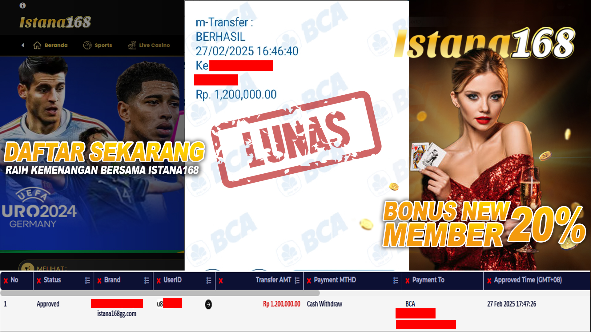 BUKTI KEMENANGAN WD MEMBER ISTANA168 IDR 1.200.000