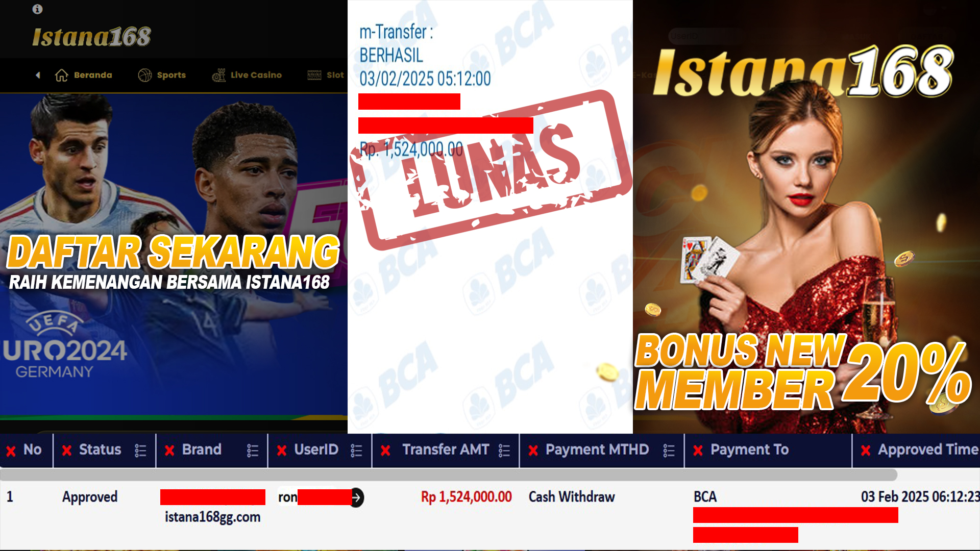 BUKTI KEMENANGAN WD MEMBER ISTANA168 IDR 1.524.000