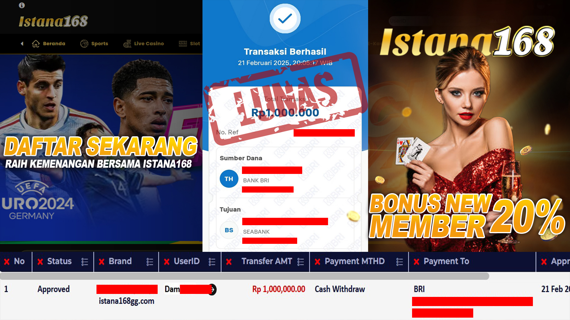 BUKTI KEMENANGAN WD MEMBER ISTANA168 IDR 1.000.000