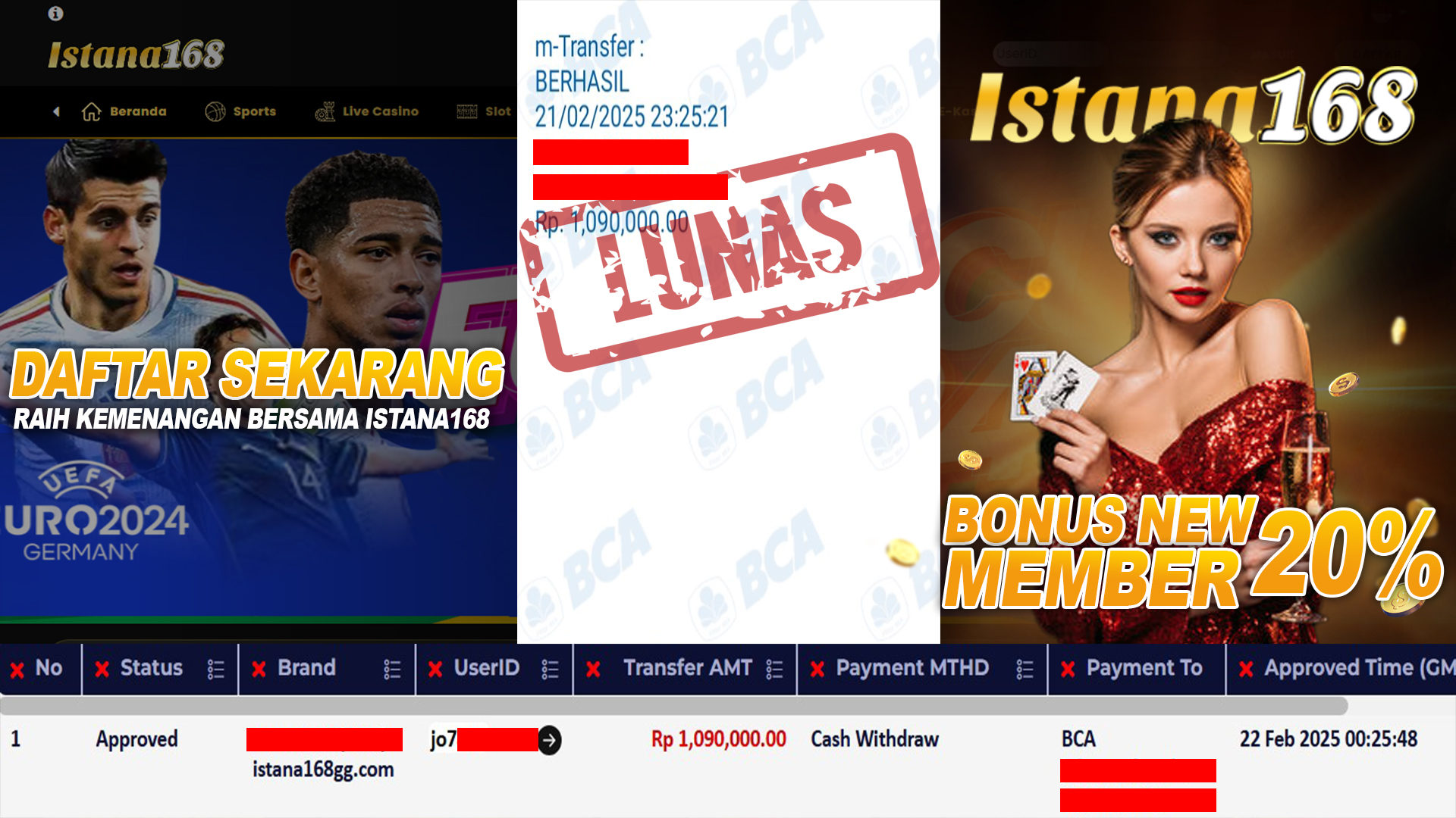 BUKTI KEMENANGAN WD MEMBER ISTANA168 IDR 1.090.000