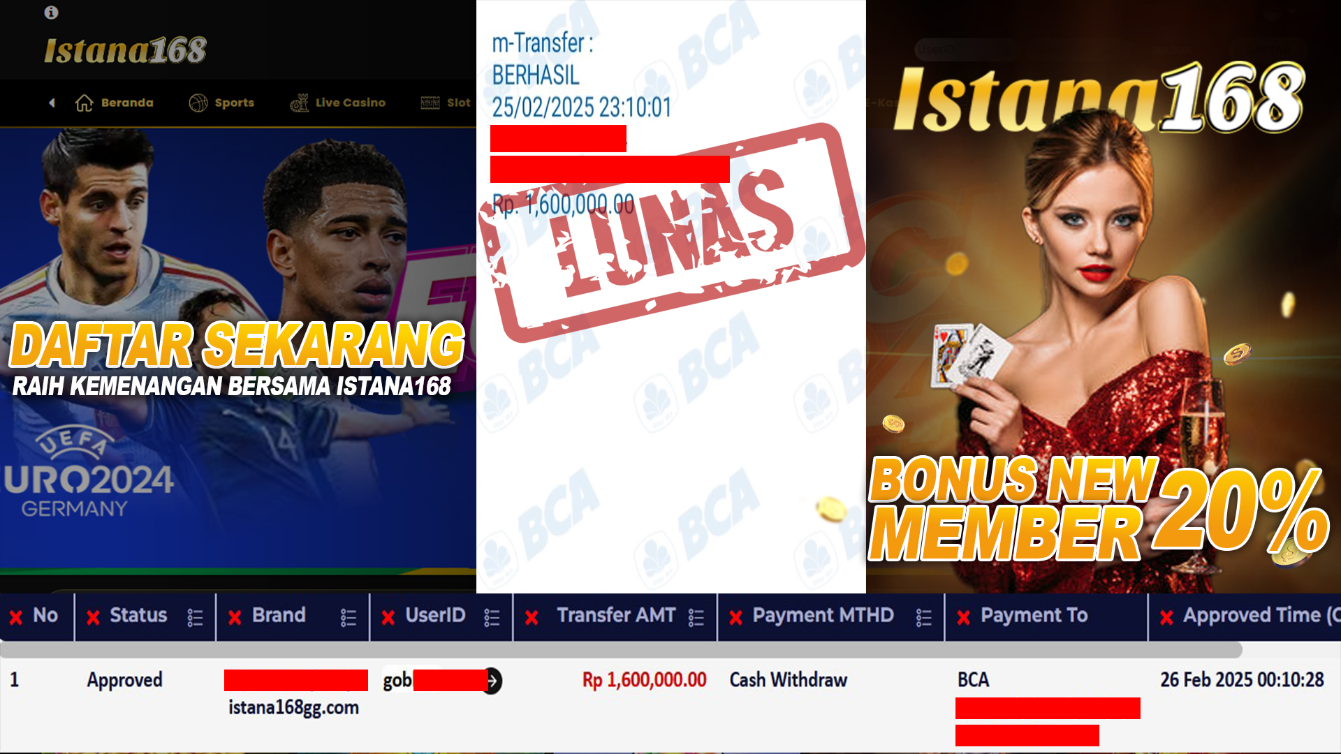 BUKTI KEMENANGAN WD MEMBER ISTANA168 IDR 1.600.000