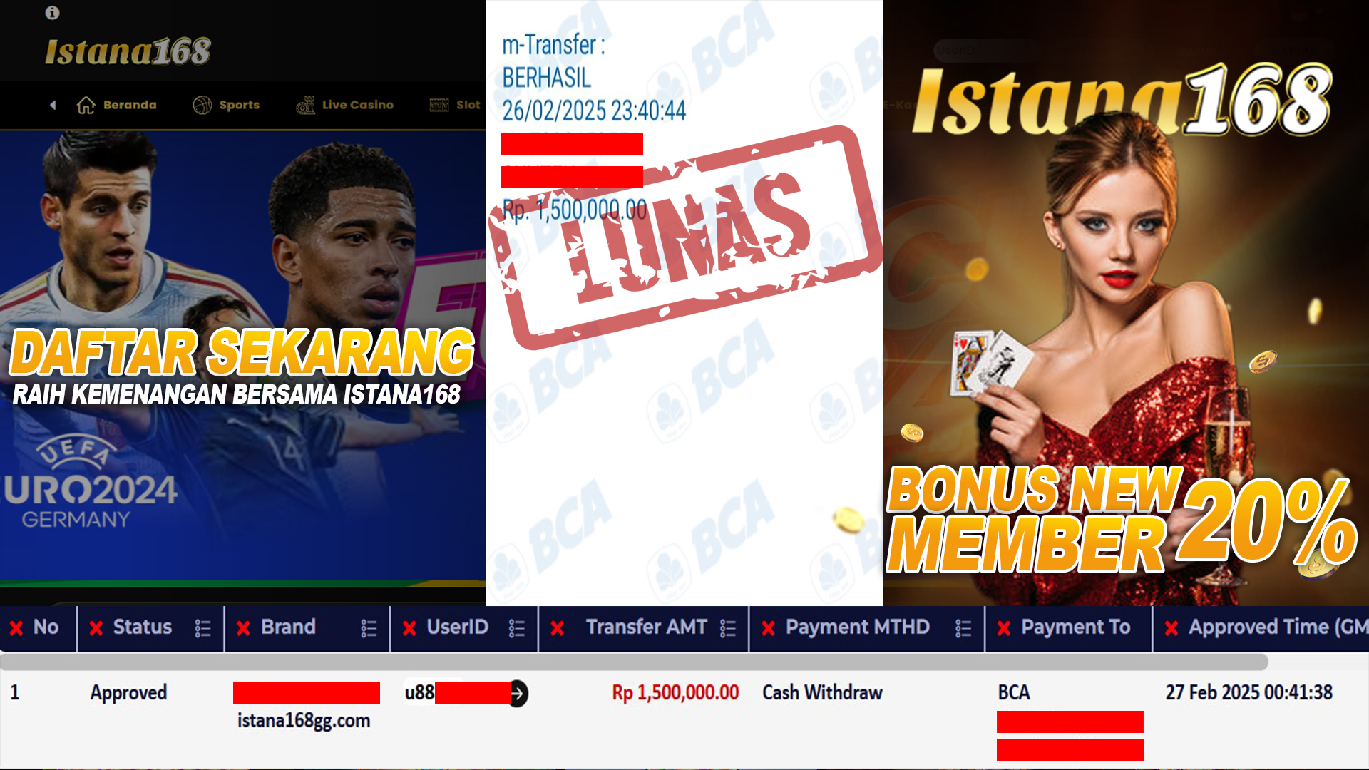 BUKTI KEMENANGAN WD MEMBER ISTANA168 IDR 1.500.000