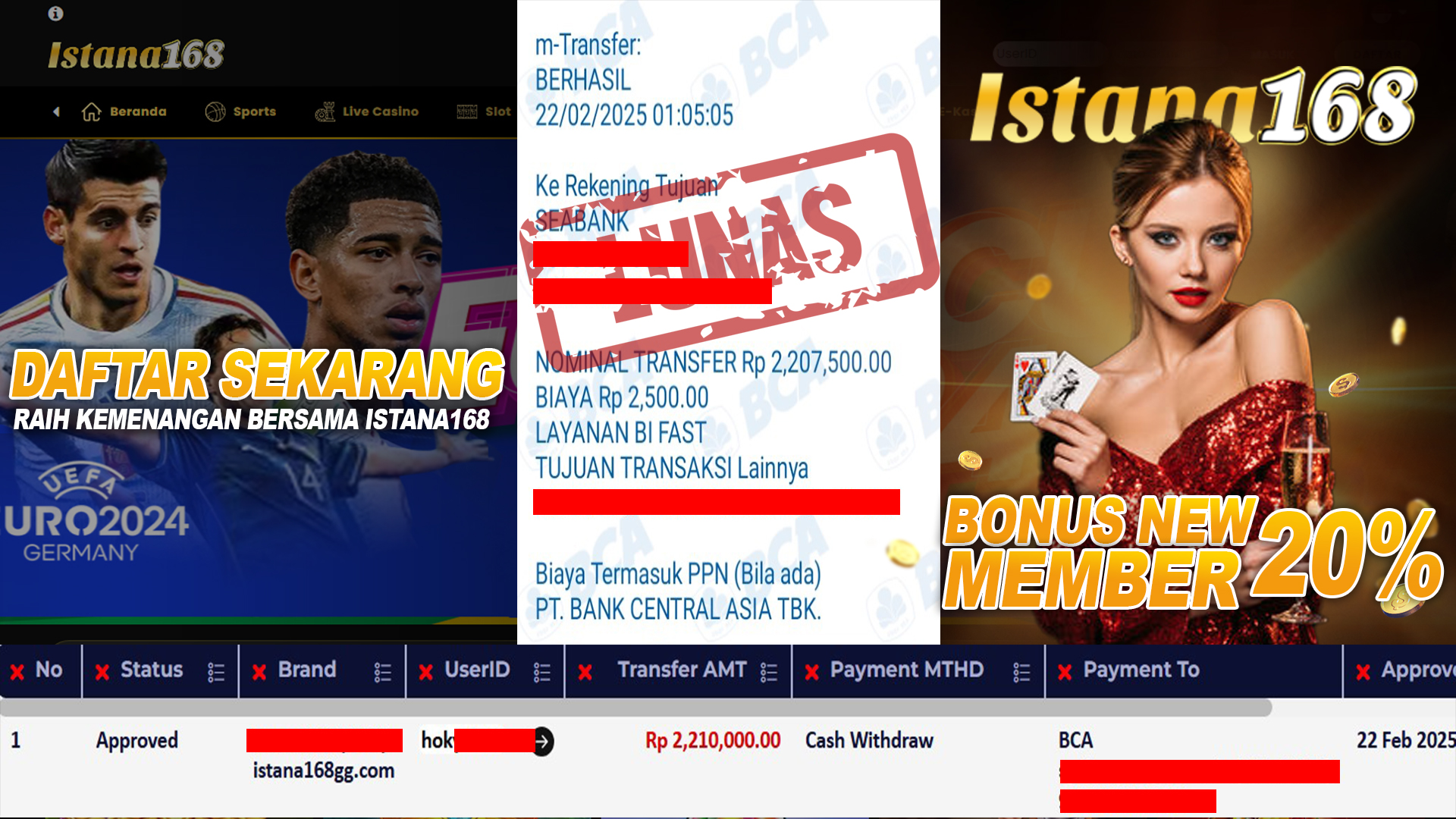 BUKTI KEMENANGAN WD MEMBER ISTANA168 IDR 2.210.000