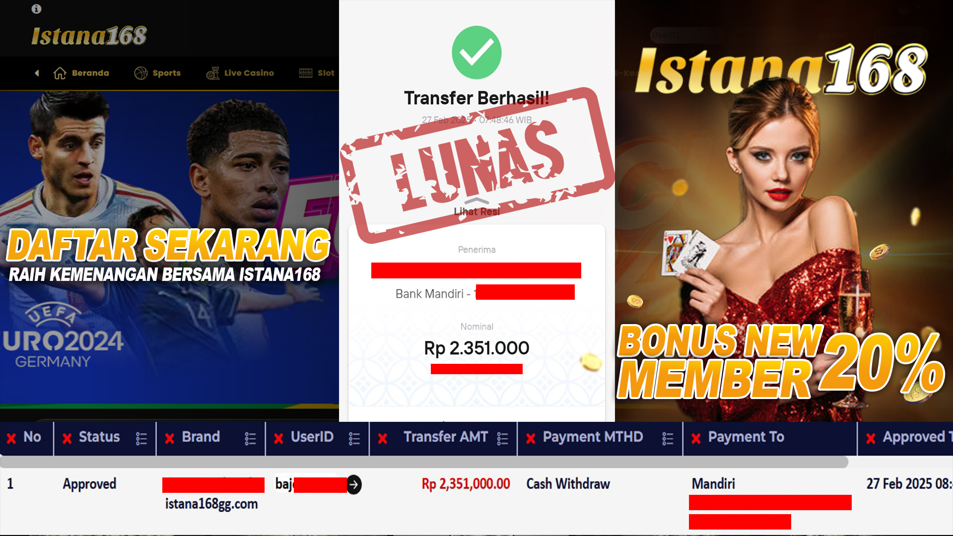 BUKTI KEMENANGAN WD MEMBER ISTANA168 IDR 2.351.000