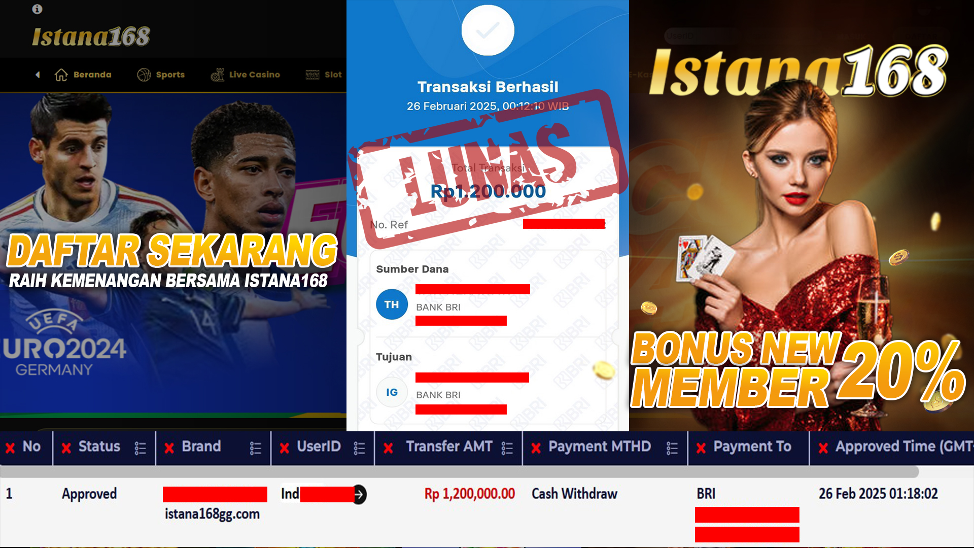 BUKTI KEMENANGAN WD MEMBER ISTANA168 IDR 1.200.000