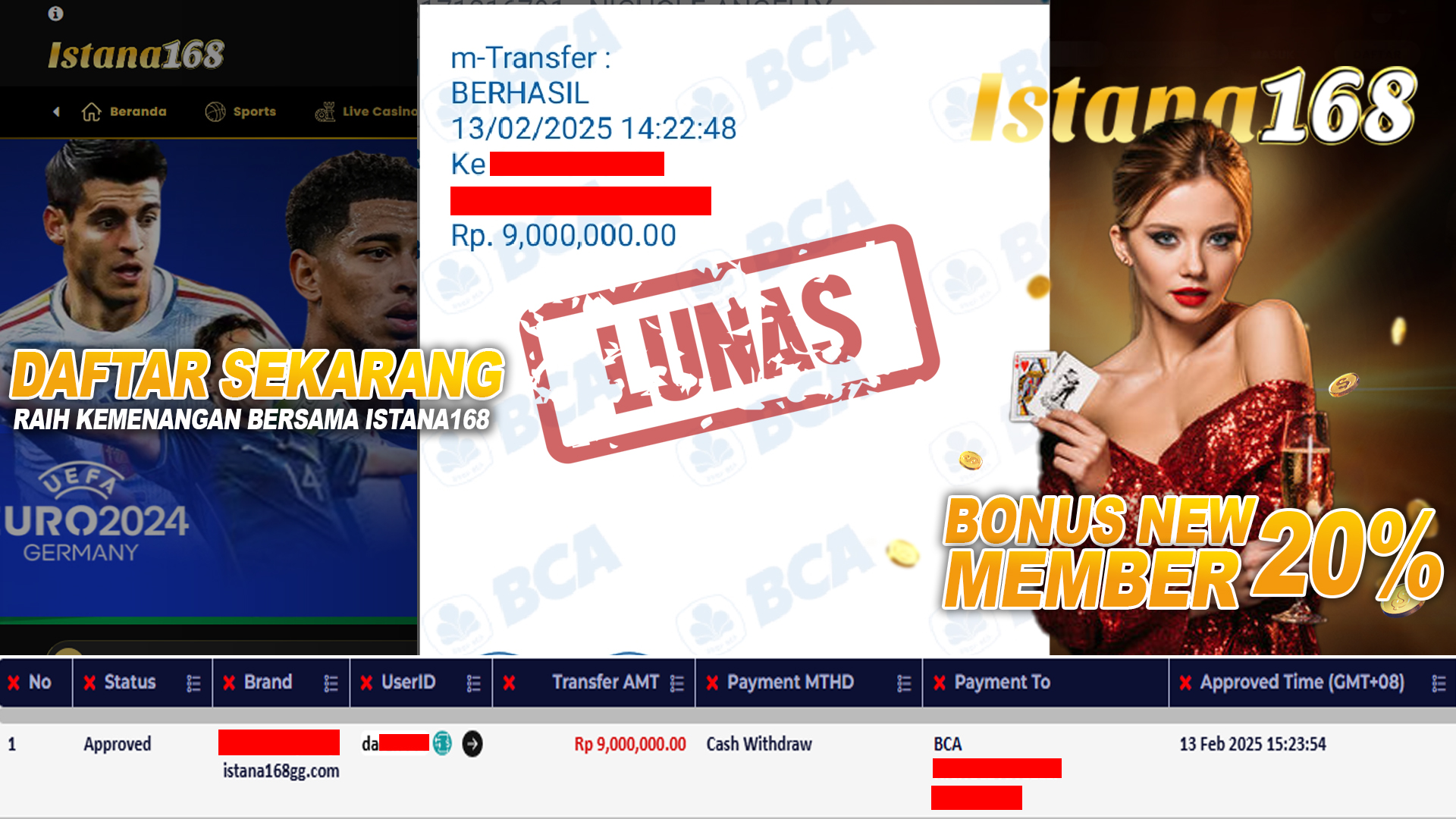BUKTI KEMENANGAN WD MEMBER ISTANA168 IDR 9.000.000