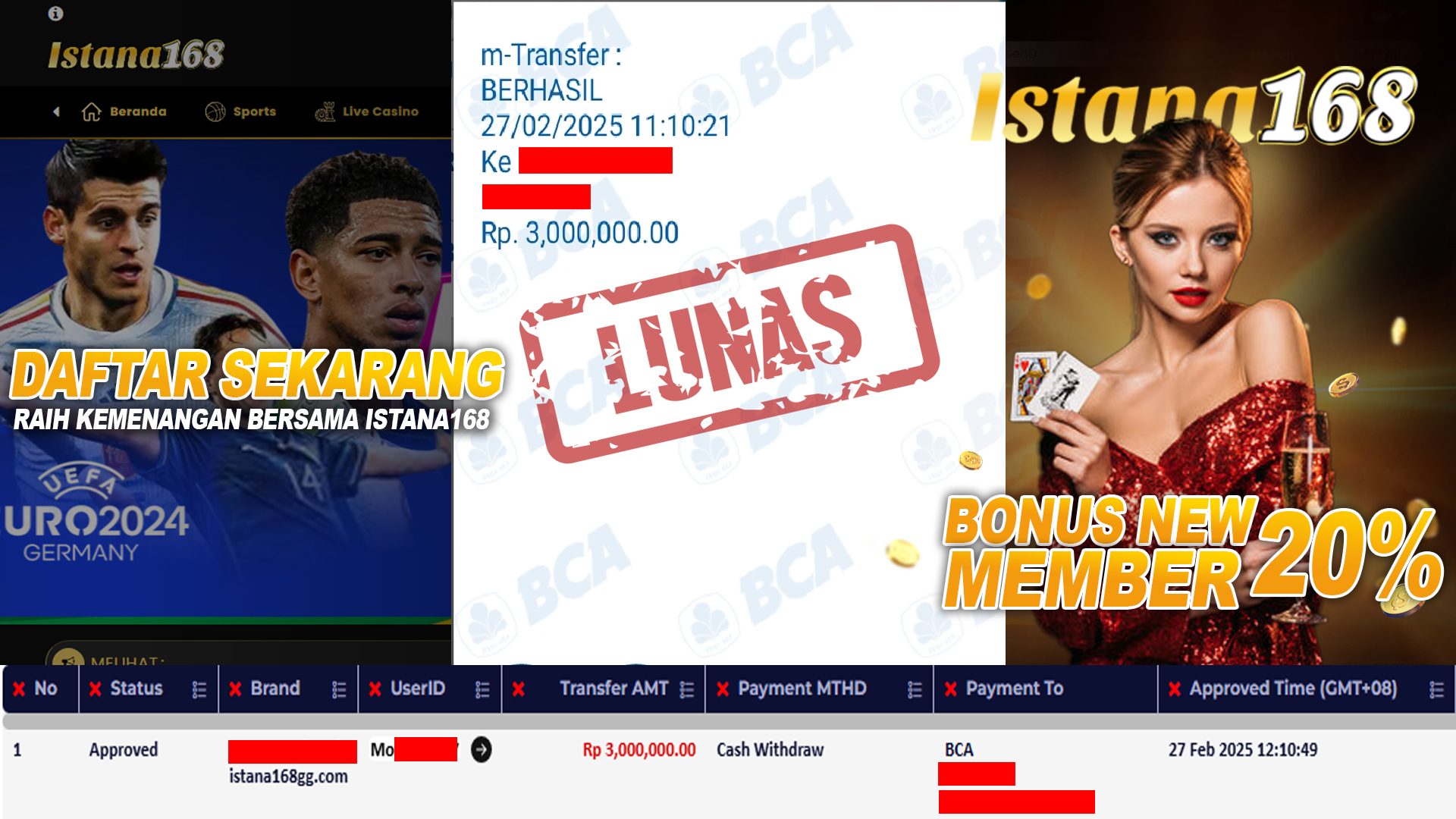 BUKTI KEMENANGAN WD MEMBER ISTANA168 IDR 3.000.000