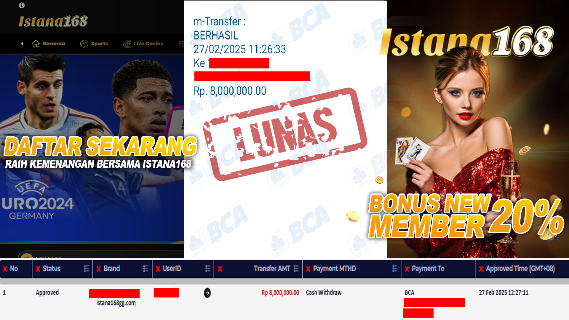 BUKTI KEMENANGAN WD MEMBER ISTANA168 IDR 8.000.000