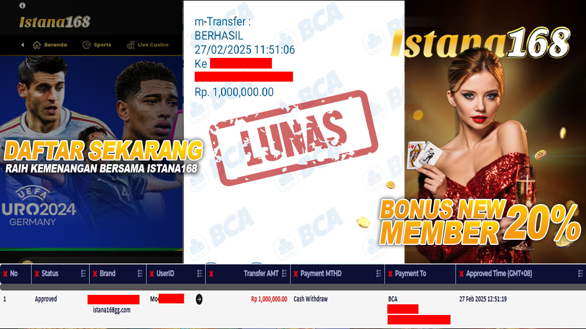 BUKTI KEMENANGAN WD MEMBER ISTANA168 IDR 1.000.000