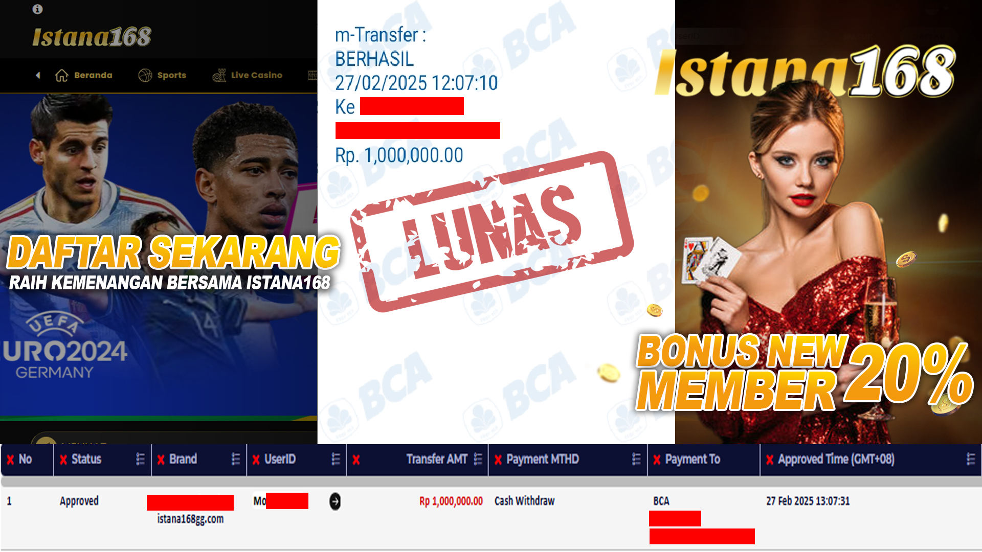 BUKTI KEMENANGAN WD MEMBER ISTANA168 IDR 1.000.000