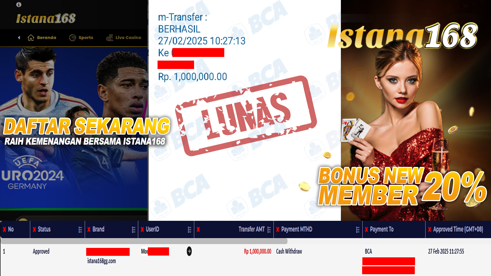BUKTI KEMENANGAN WD MEMBER ISTANA168 IDR 1.000.000