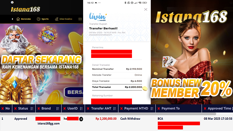 BUKTI KEMENANGAN WD MEMBER ISTANA168 IDR 2.200.000
