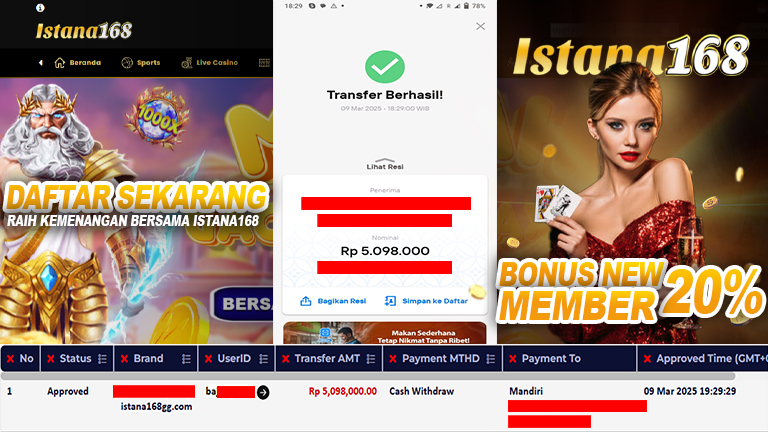 BUKTI KEMENANGAN WD MEMBER ISTANA168 IDR 5.098.000