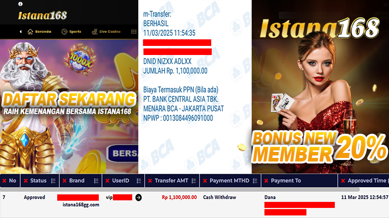 BUKTI KEMENANGAN WD MEMBER ISTANA168 IDR 1.100.000