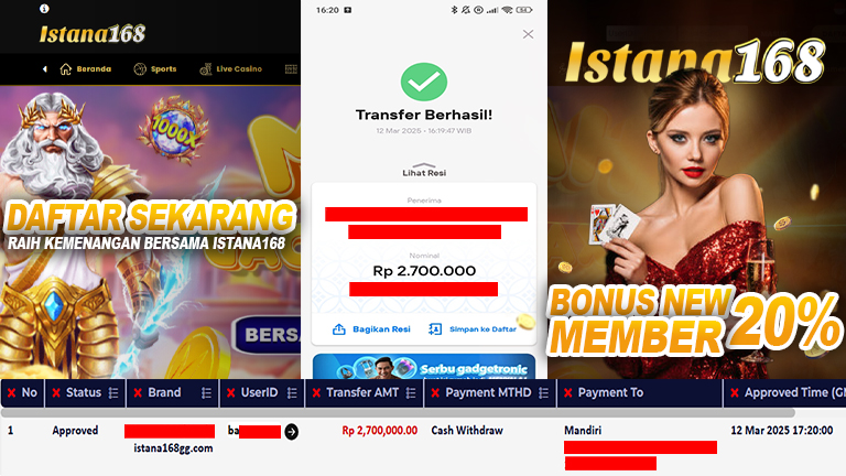 BUKTI KEMENANGAN WD MEMBER ISTANA168 IDR 2.700.000