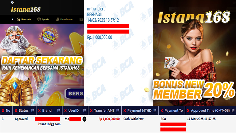 BUKTI KEMENANGAN WD MEMBER ISTANA168 IDR 1.000.000