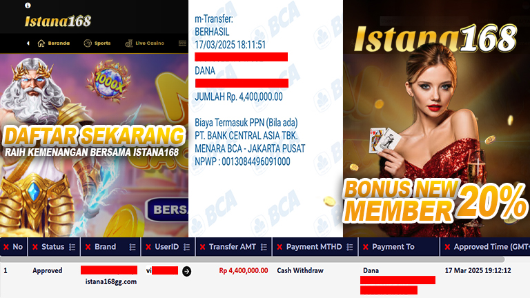 BUKTI KEMENANGAN WD MEMBER ISTANA168 IDR 4.400.000