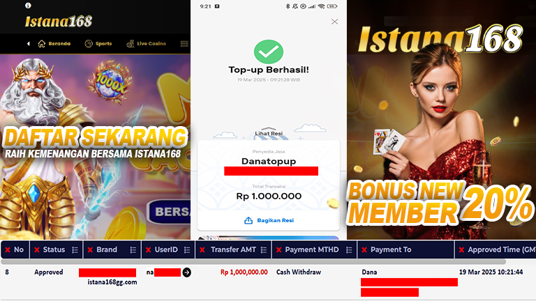 BUKTI KEMENANGAN WD MEMBER ISTANA168 IDR 1.000.000