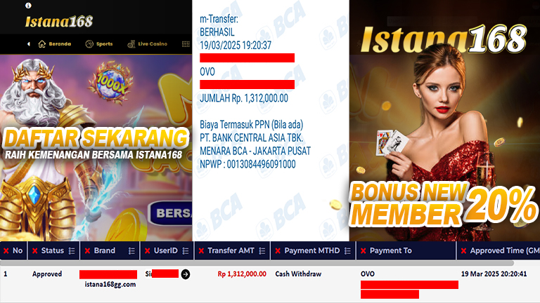 BUKTI KEMENANGAN WD MEMBER ISTANA168 IDR 1.312.000