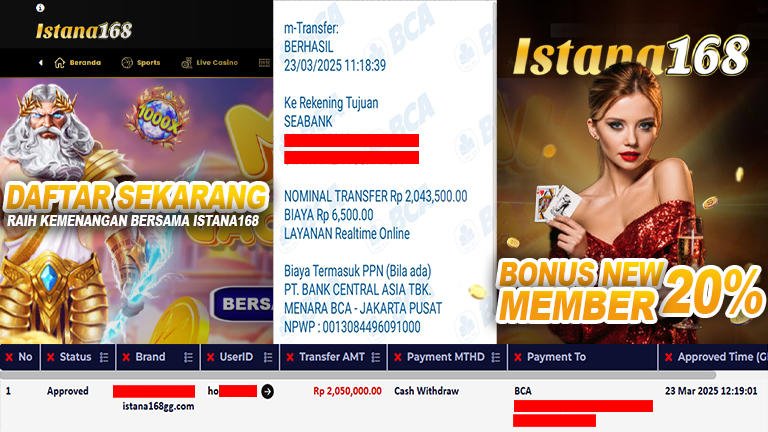 BUKTI KEMENANGAN WD MEMBER ISTANA168 IDR 2.050.000