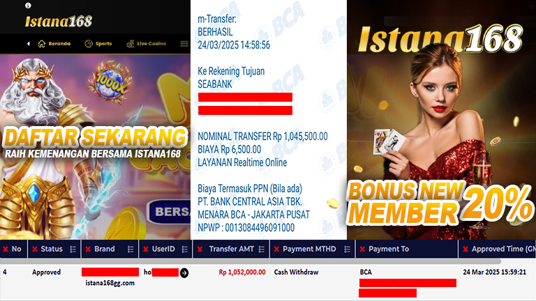 BUKTI KEMENANGAN WD MEMBER ISTANA168 IDR 1.052.000