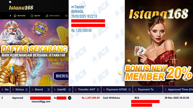 BUKTI KEMENANGAN WD MEMBER ISTANA168 IDR 1.207.000