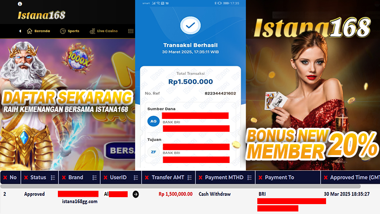 BUKTI KEMENANGAN WD MEMBER ISTANA168 IDR 1.500.000