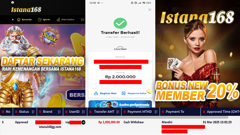 BUKTI KEMENANGAN WD MEMBER ISTANA168 IDR 2.000.000