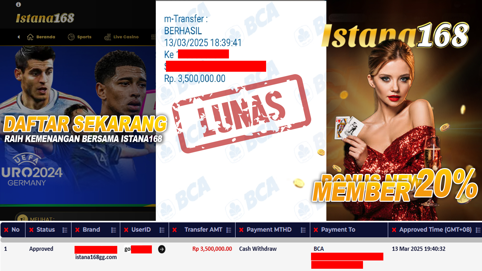 BUKTI KEMENANGAN WD MEMBER ISTANA168 IDR 3.500.000
