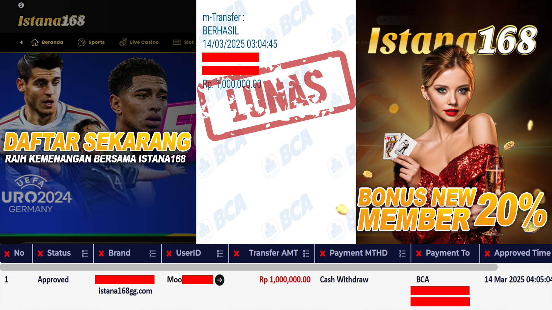 BUKTI KEMENANGAN WD MEMBER ISTANA168 IDR 1.000.000