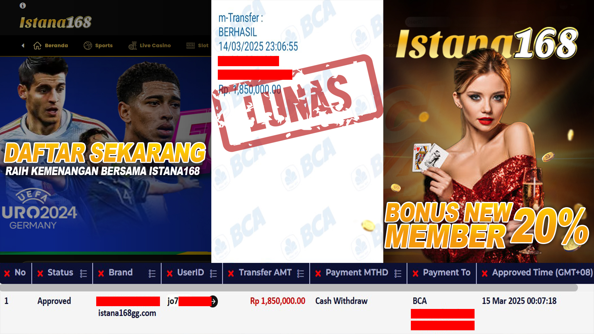BUKTI KEMENANGAN WD MEMBER ISTANA168 IDR 1.850.000