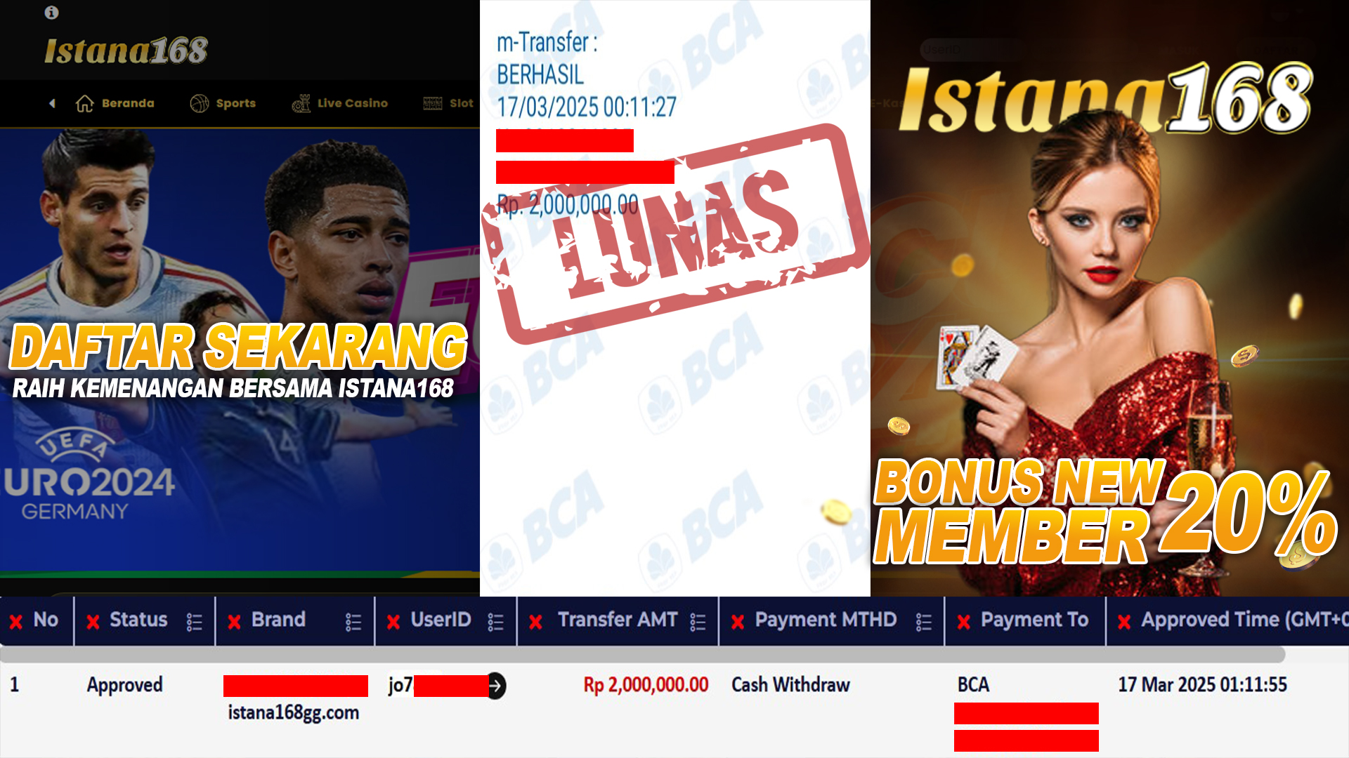 BUKTI KEMENANGAN WD MEMBER ISTANA168 IDR 2.000.000