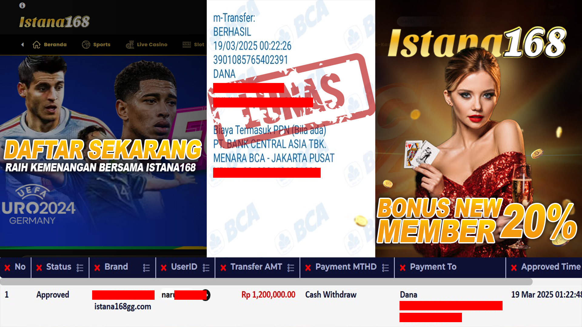 BUKTI KEMENANGAN WD MEMBER ISTANA168 IDR 1.200.000