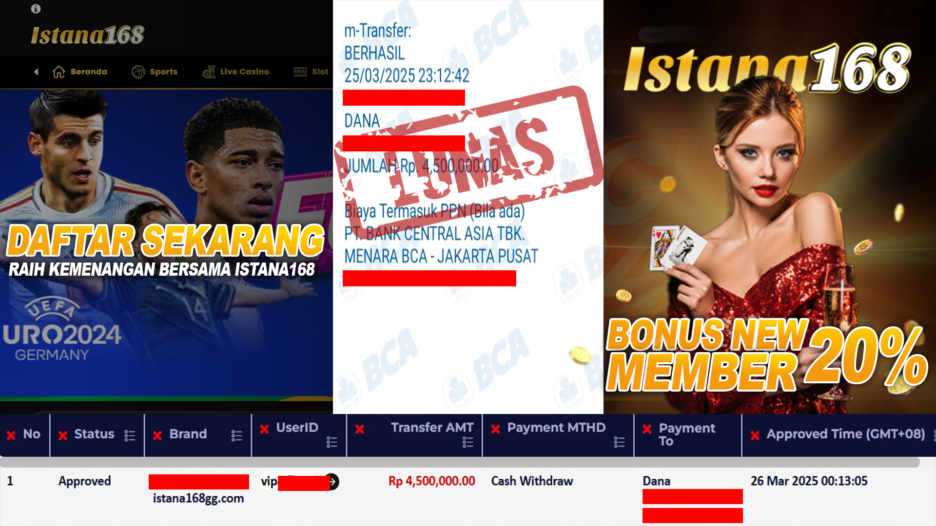 BUKTI KEMENANGAN WD MEMBER ISTANA168 IDR 4.500.000