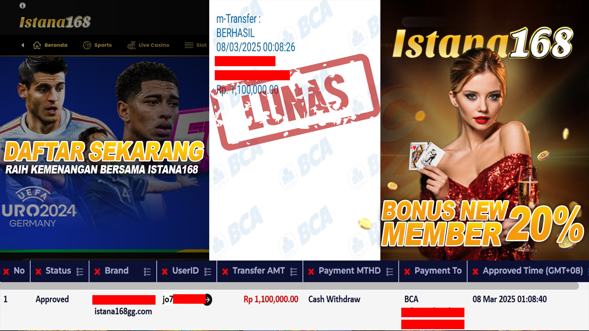 BUKTI KEMENANGAN WD MEMBER ISTANA168 IDR 1.100.000