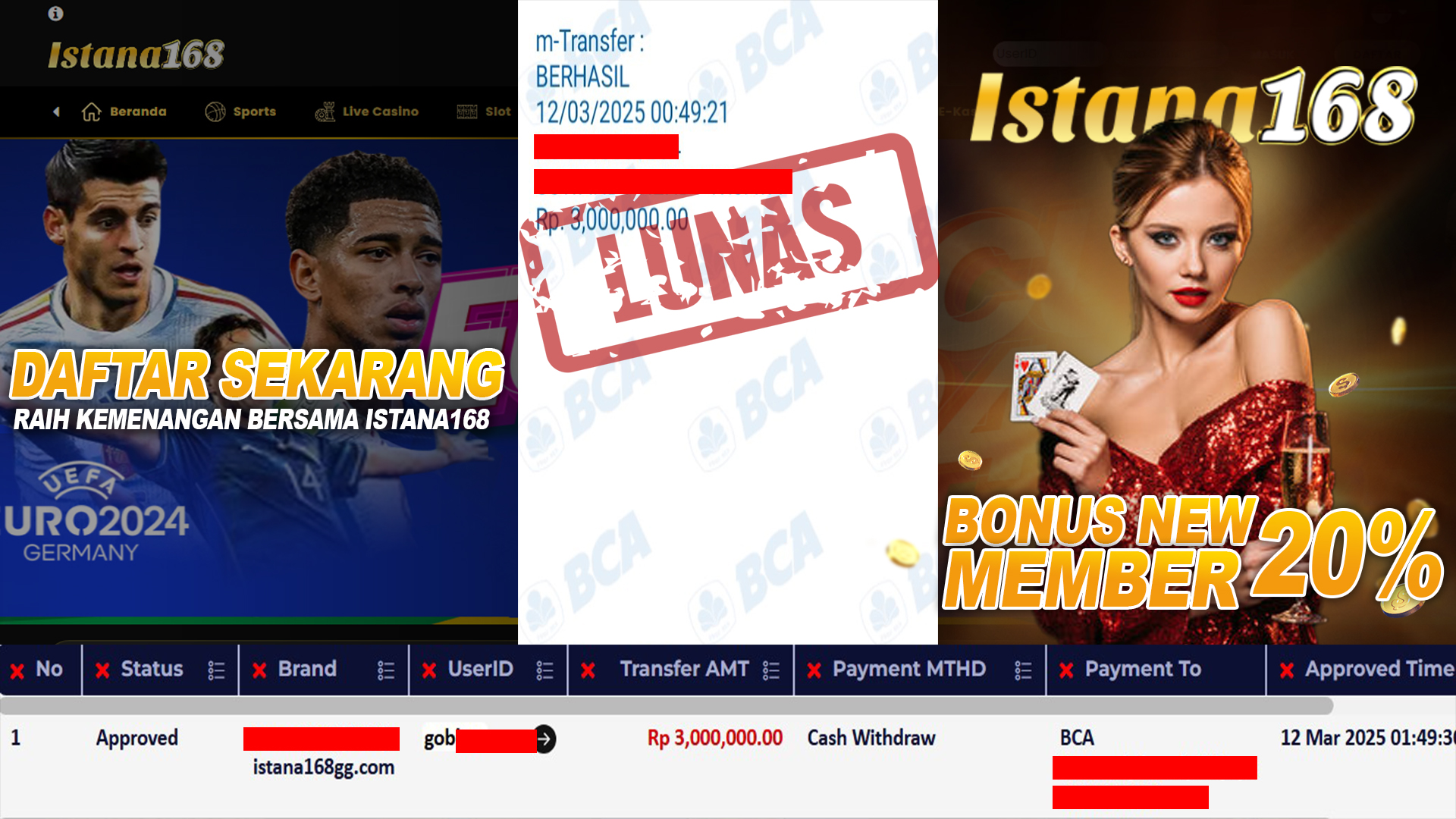 BUKTI KEMENANGAN WD MEMBER ISTANA168 IDR 3.000.000