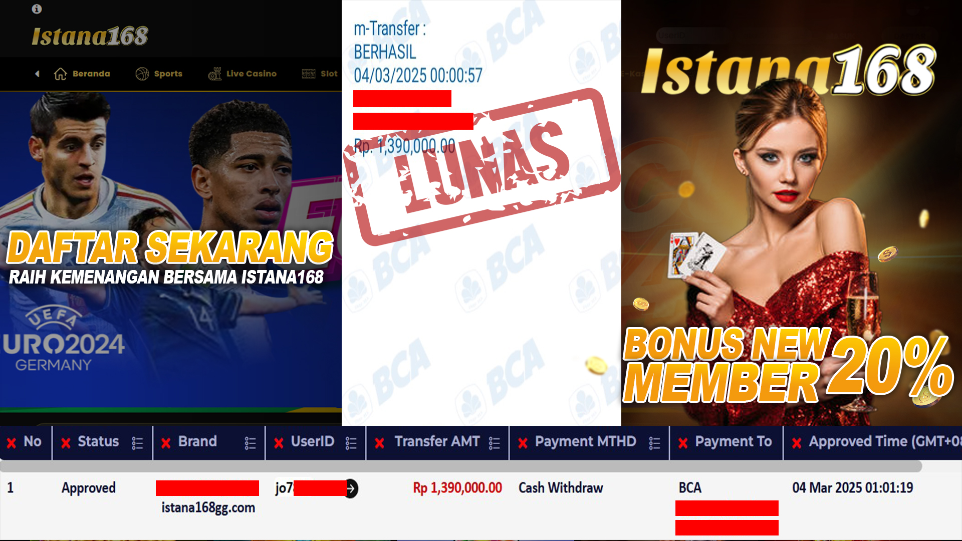 BUKTI KEMENANGAN WD MEMBER ISTANA168 IDR 1.390.000
