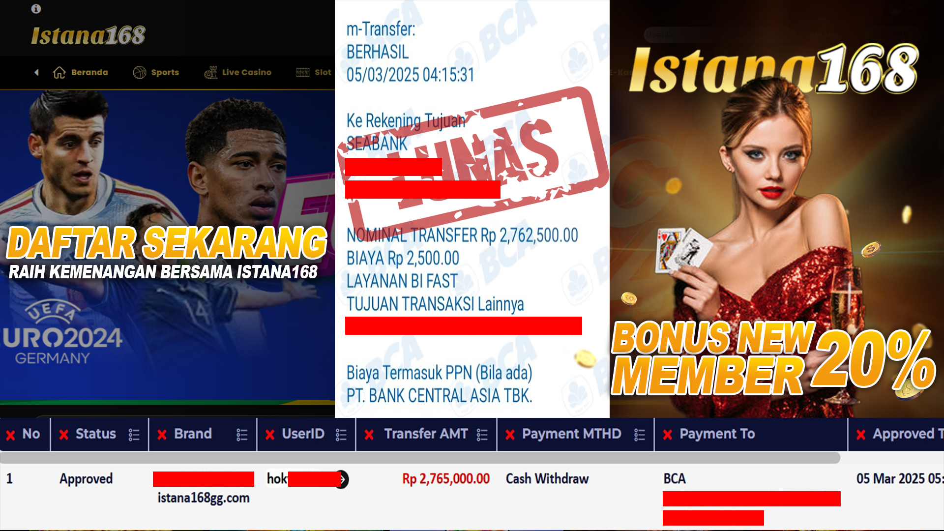 BUKTI KEMENANGAN WD MEMBER ISTANA168 IDR 2.765.000